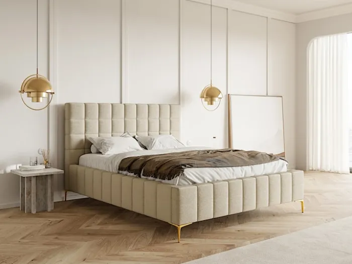 Łóżko tapicerowane 180x200 cm Szejlo z pojemnikiem stelaż metalowy beżowe szenil
