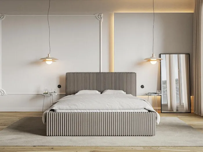Łóżko tapicerowane 160x200 cm Tilio z pojemnikiem stelaż metalowy szarobeżowe gruby sztruks