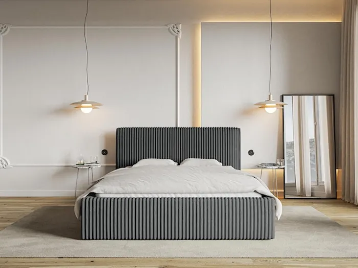 Łóżko tapicerowane 160x200 cm Tilio z pojemnikiem stelaż metalowy szare gruby sztruks