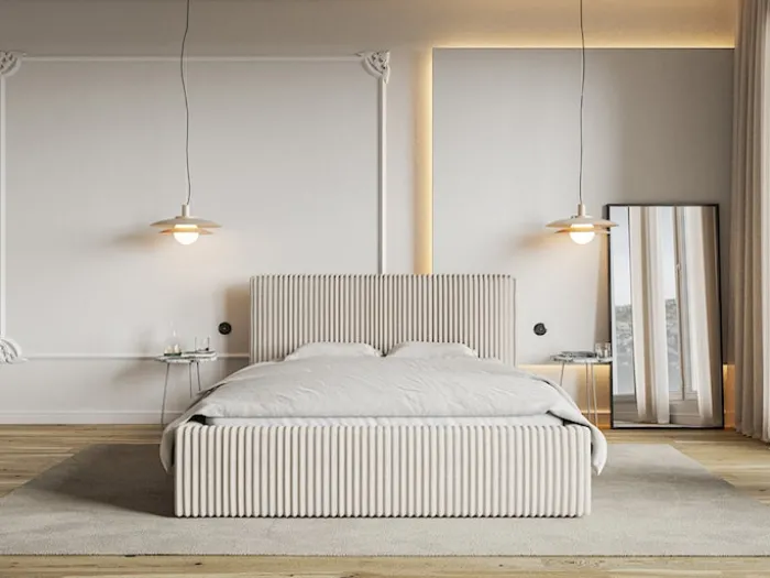 Łóżko tapicerowane 180x200 cm Tilio z pojemnikiem stelaż metalowy kremowe gruby sztruks