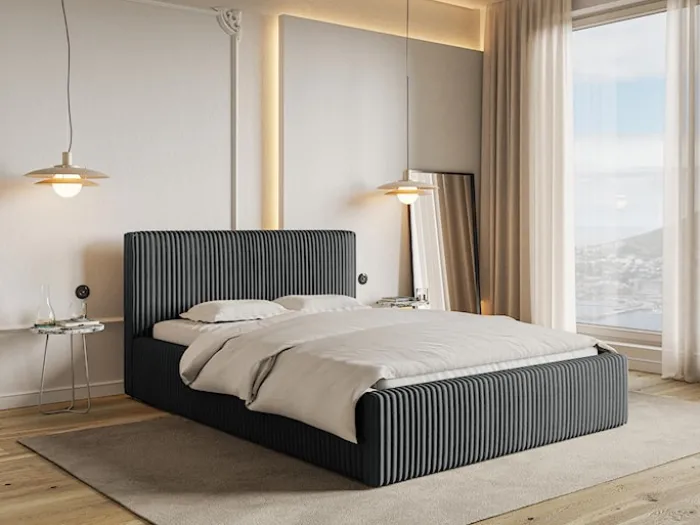 Łóżko tapicerowane 180x200 cm Tilio z pojemnikiem stelaż metalowy szare gruby sztruks