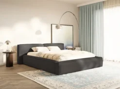 Łóżko tapicerowane 200x200 cm Tilves Low z pojemnikiem stelaż metalowy grafitowe szenil