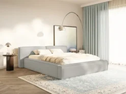 Łóżko tapicerowane 200x200 cm Tilves Low z pojemnikiem stelaż metalowy jasnoszare szenil
