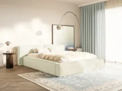 Łóżko tapicerowane 200x200 cm Tilves Low z pojemnikiem stelaż metalowy kremowe szenil