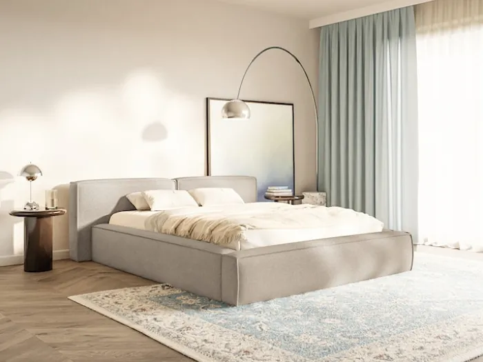Łóżko tapicerowane 200x200 cm Tilves Low z pojemnikiem stelaż metalowy beżowe szenil