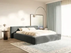 Łóżko tapicerowane 200x200 cm Tilves Low z pojemnikiem stelaż metalowy szare welur
