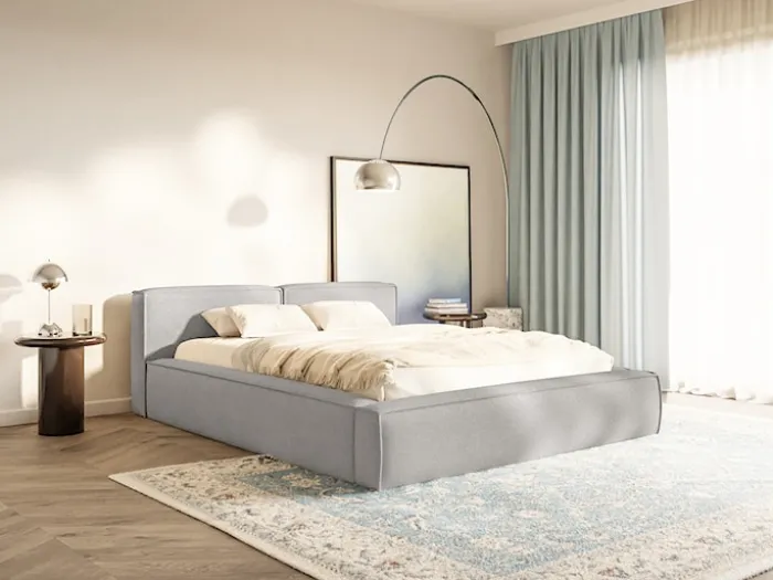 Łóżko tapicerowane 140x200 cm Tilves Slim z pojemnikiem stelaż metalowy jasnoszare szenil