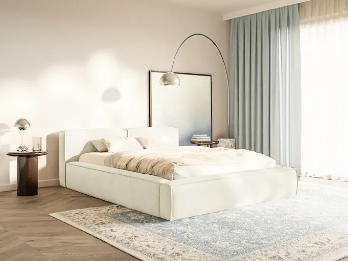 Łóżko tapicerowane 140x200 cm Tilves Slim z pojemnikiem stelaż metalowy kremowe szenil
