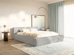 Łóżko tapicerowane 160x200 cm Tilves Slim z pojemnikiem stelaż metalowy jasnoszare szenil