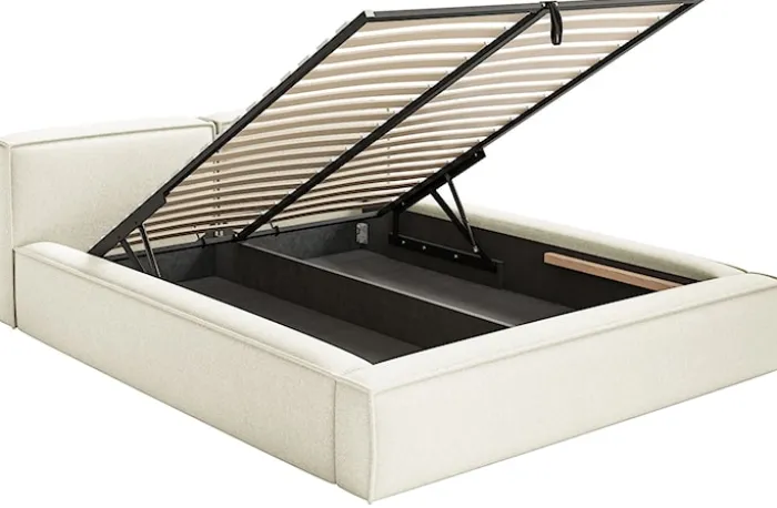 Łóżko tapicerowane 180x200 cm Tilves Slim z pojemnikiem stelaż metalowy kremowe szenil