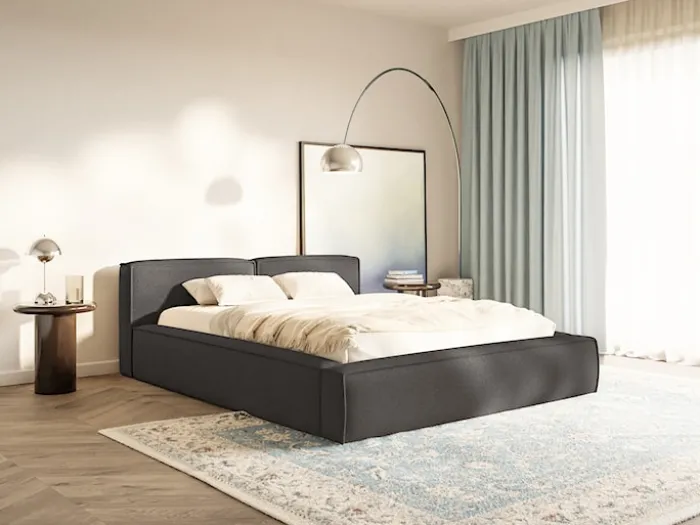 Łóżko tapicerowane 200x200 cm Tilves Slim z pojemnikiem stelaż metalowy grafitowe szenil