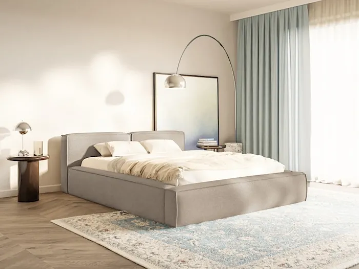 Łóżko tapicerowane 200x200 cm Tilves Slim z pojemnikiem stelaż metalowy beżowe szenil