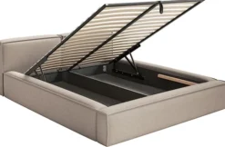 Łóżko tapicerowane 200x200 cm Tilves Slim z pojemnikiem stelaż metalowy beżowe szenil