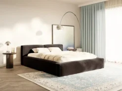 Łóżko tapicerowane 160x200 cm Tilves Slim z pojemnikiem stelaż metalowy brązowe welur