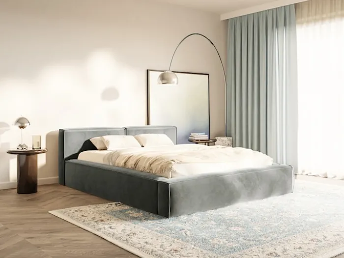 Łóżko tapicerowane 160x200 cm Tilves Slim z pojemnikiem stelaż metalowy szare welur