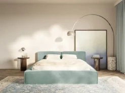 Łóżko tapicerowane 180x200 cm Tilves Slim z pojemnikiem stelaż metalowy szałwiowe welur
