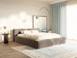 Łóżko tapicerowane 180x200 cm Tilves Slim z pojemnikiem stelaż metalowy jasnobrązowe welur