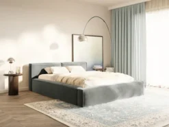 Łóżko tapicerowane 180x200 cm Tilves Slim z pojemnikiem stelaż metalowy szare welur