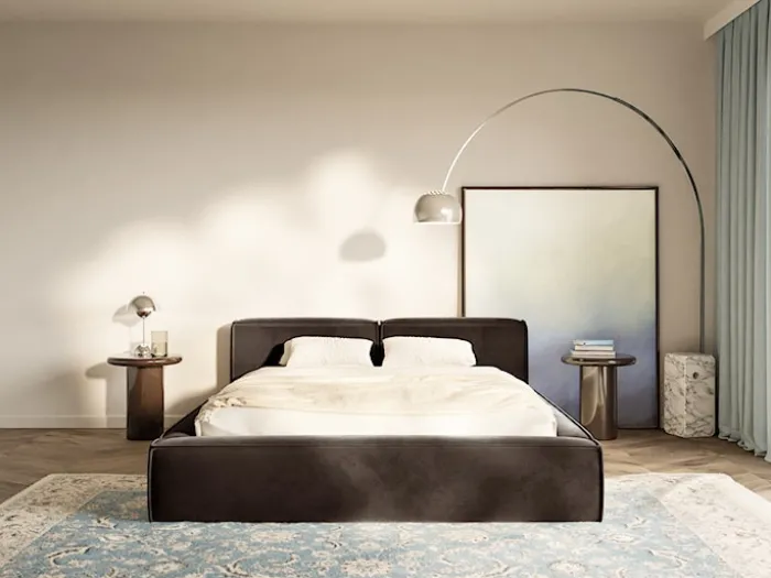 Łóżko tapicerowane 200x200 cm Tilves Slim z pojemnikiem stelaż metalowy brązowe welur