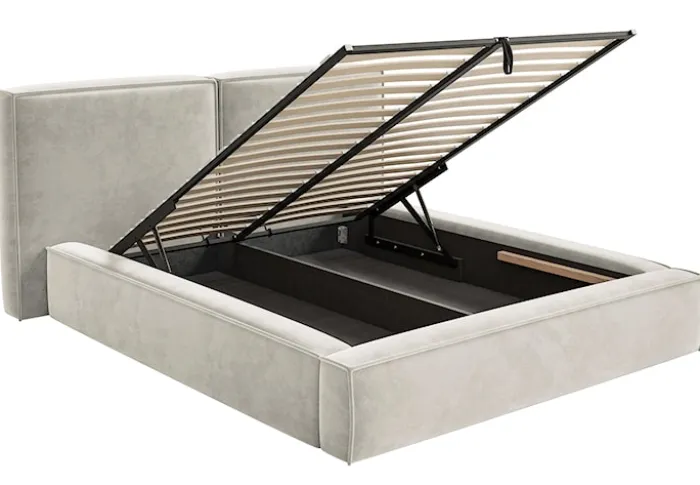 Łóżko tapicerowane 140x200 cm Tilves z pojemnikiem stelaż metalowy szarobeżowe welur