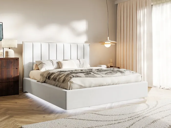 Łóżko tapicerowane 160x200 cm Togents z oświetleniem LED białe welur hydrofobowy