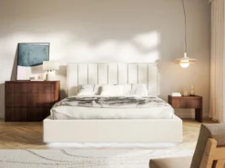 Łóżko tapicerowane 180x200 cm Togents z oświetleniem LED kremowe welur hydrofobowy