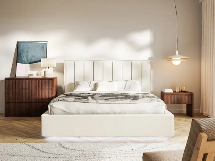 Łóżko tapicerowane 180x200 cm Togents z oświetleniem LED kremowe welur hydrofobowy