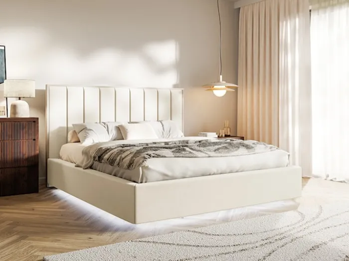 Łóżko tapicerowane 180x200 cm Togents z oświetleniem LED kremowe welur hydrofobowy