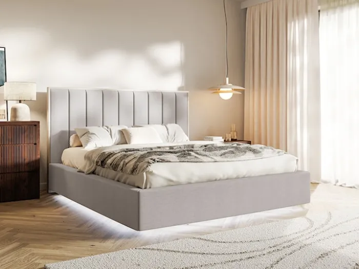 Łóżko tapicerowane 160x200 cm Togents z oświetleniem LED szarobeżowe szenil hydrofobowy