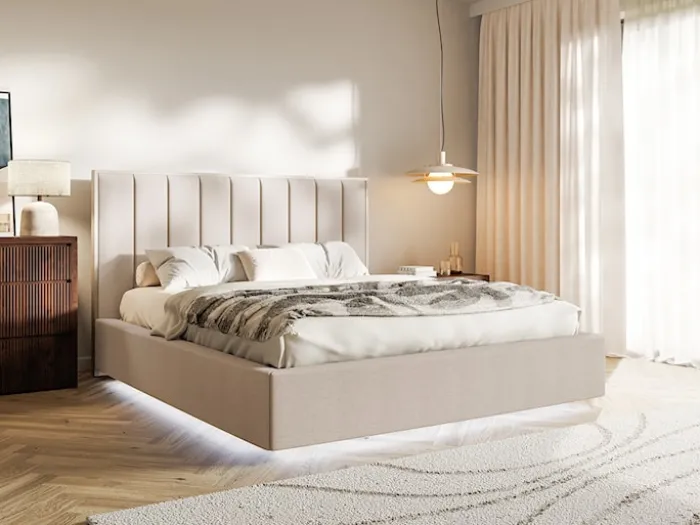 Łóżko tapicerowane 160x200 cm Togents z oświetleniem LED beżowe szenil hydrofobowy