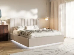 Łóżko tapicerowane 180x200 cm Togents z oświetleniem LED beżowe szenil hydrofobowy