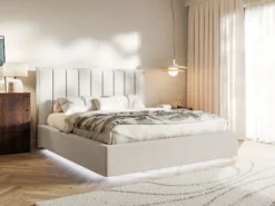 Łóżko tapicerowane 180x200 cm Togents z oświetleniem LED jasnobeżowe szenil hydrofobowy