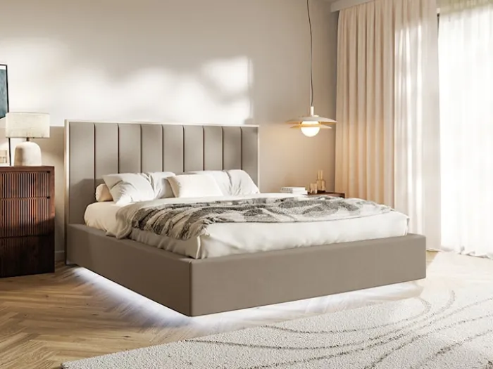 Łóżko tapicerowane 160x200 cm Togents z pojemnikiem i oświetleniem LED stelaż metalowy brązowe welur hydrofobowy