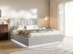 Łóżko tapicerowane 180x200 cm Togents z pojemnikiem i oświetleniem LED stelaż metalowy jasnoszare welur hydrofobowy