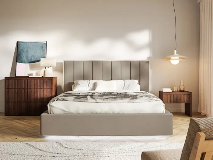 Łóżko tapicerowane 180x200 cm Togents z pojemnikiem i oświetleniem LED stelaż metalowy brązowe welur hydrofobowy