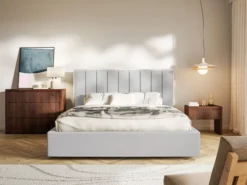 Łóżko tapicerowane 180x200 cm Togents z pojemnikiem stelaż metalowy jasnoszare welur hydrofobowy