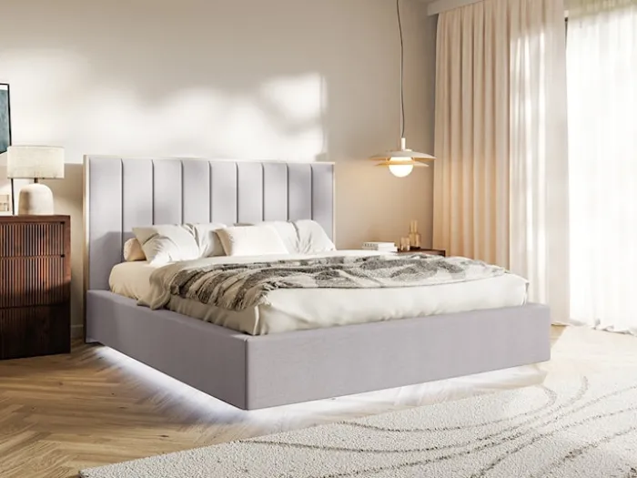 Łóżko tapicerowane 140x200 cm Togents z pojemnikiem i oświetleniem LED stelaż metalowy szare szenil hydrofobowy