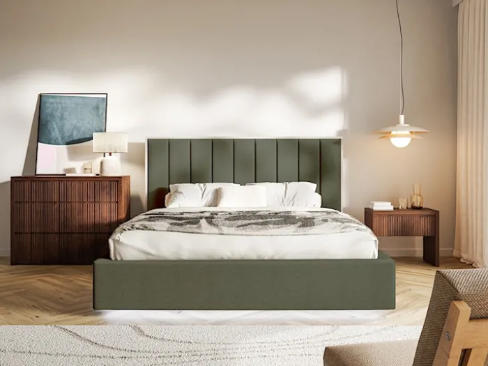 Łóżko tapicerowane 160x200 cm Togents z pojemnikiem i oświetleniem LED stelaż metalowy ciemnozielone szenil hydrofobowy