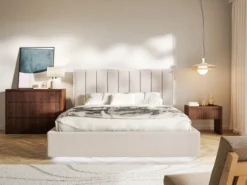 Łóżko tapicerowane 160x200 cm Togents z pojemnikiem i oświetleniem LED stelaż metalowy beżowe szenil hydrofobowy