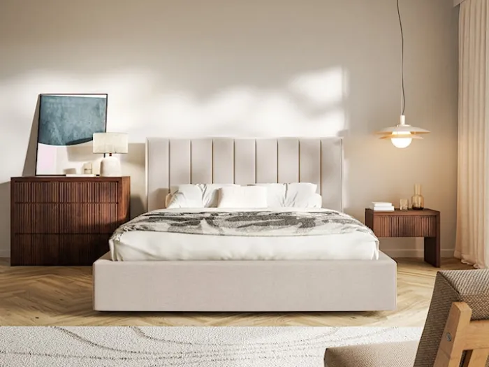 Łóżko tapicerowane 160x200 cm Togents z pojemnikiem stelaż metalowy beżowe szenil hydrofobowy