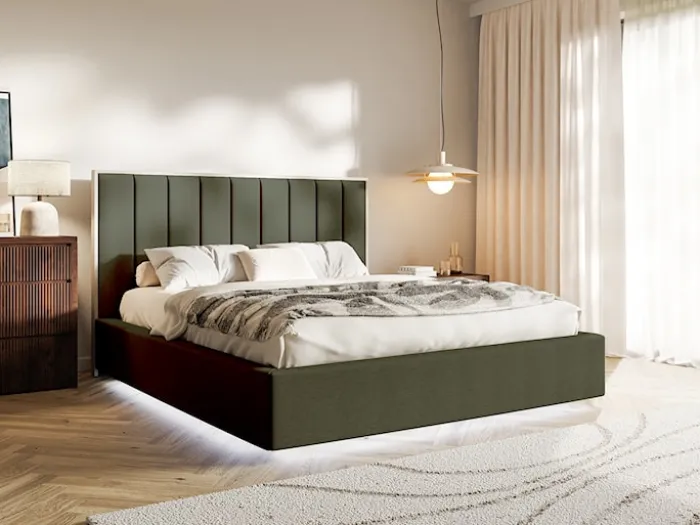Łóżko tapicerowane 180x200 cm Togents z pojemnikiem i oświetleniem LED stelaż metalowy ciemnozielone szenil hydrofobowy