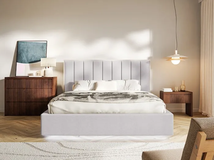 Łóżko tapicerowane 180x200 cm Togents z pojemnikiem i oświetleniem LED stelaż metalowy szare szenil hydrofobowy