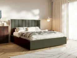 Łóżko tapicerowane 180x200 cm Togents z pojemnikiem stelaż metalowy ciemnozielone szenil hydrofobowy
