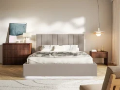 Łóżko tapicerowane 180x200 cm Togents z pojemnikiem stelaż metalowy brązowe szenil hydrofobowy