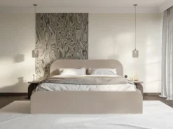 Łóżko tapicerowane 180x200 cm Umike z pojemnikiem beżowe welur hydrofobowy