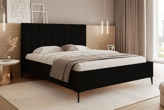 Łóżko tapicerowane 140x200 cm Veloro z pojemnikiem czarne welur stelaż metalowy na wysokich nóżkach