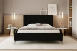 Łóżko tapicerowane 140x200 cm Veloro z pojemnikiem czarne welur stelaż metalowy na wysokich nóżkach