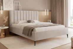 Łóżko tapicerowane 140x200 cm Veloro z pojemnikiem beżowe welur stelaż metalowy na wysokich nóżkach
