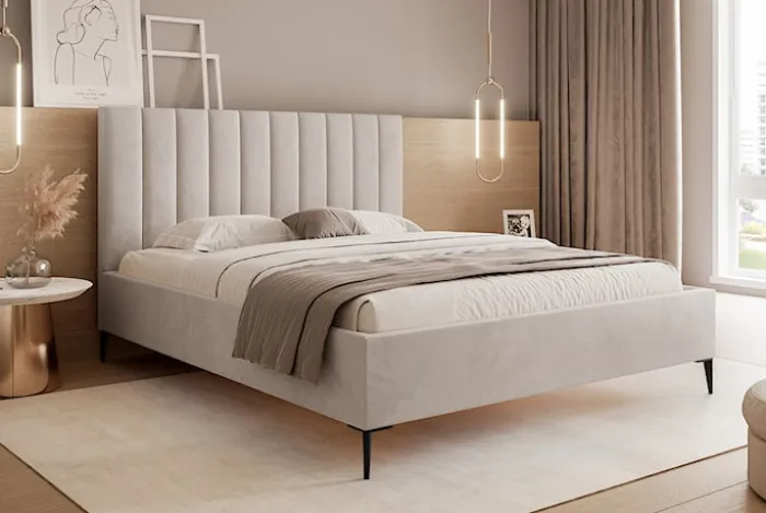 Łóżko tapicerowane 140x200 cm Veloro z pojemnikiem beżowe welur stelaż metalowy na wysokich nóżkach