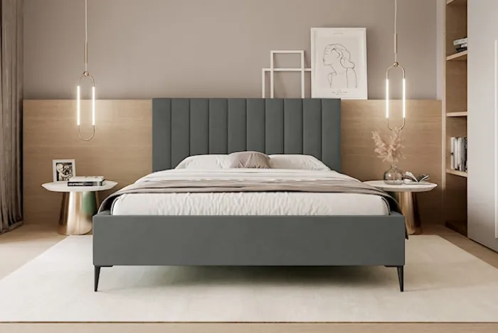 Łóżko tapicerowane 140x200 cm Veloro z pojemnikiem ciemnoszare welur stelaż metalowy na wysokich nóżkach